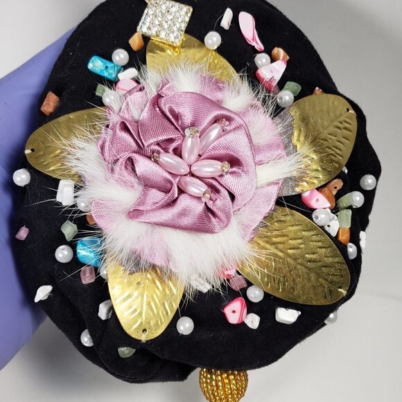 Black Coin Purse with Pink Satin Flower, Gems & Gold Leaf – Statement Mini Bag - Picture 5 of 11